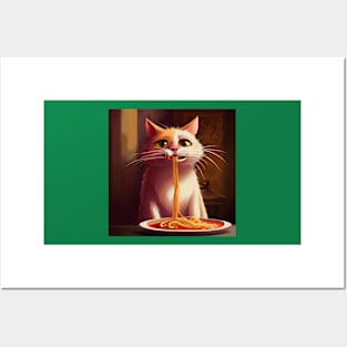 cute cat eating spaghetti Posters and Art